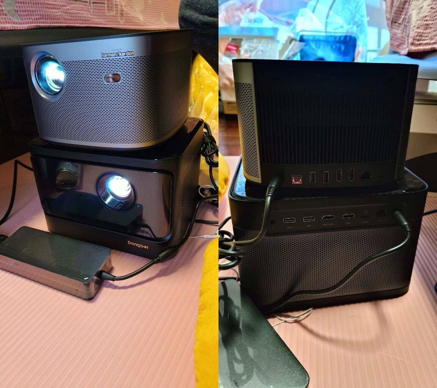 极米h3s/当贝x3air投影仪对比 图中(白墙晚上开关灯): ↑极米h3s