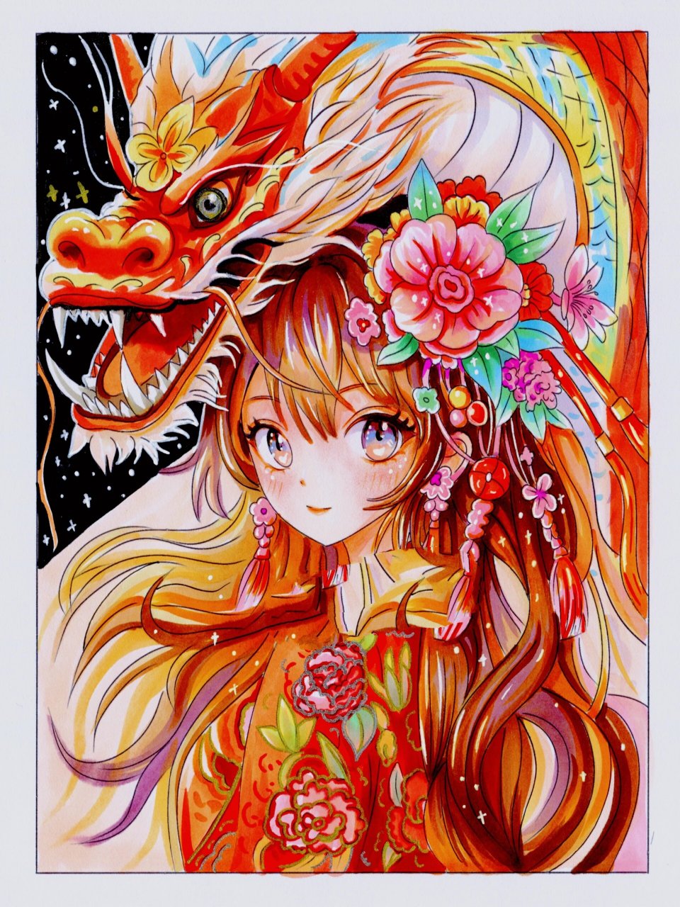 马克笔手绘动漫新年动漫女孩龙女孩内含步骤 96马克笔动漫手绘新年