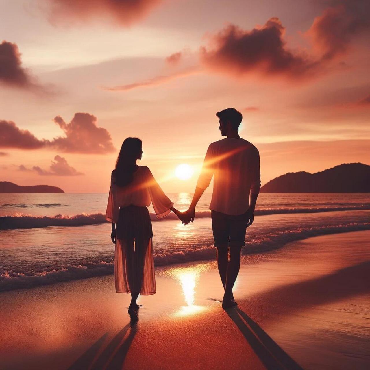 在温暖的落日余晖下,海滩上的一对情侣手牵手,步入一片宁静与浪漫.