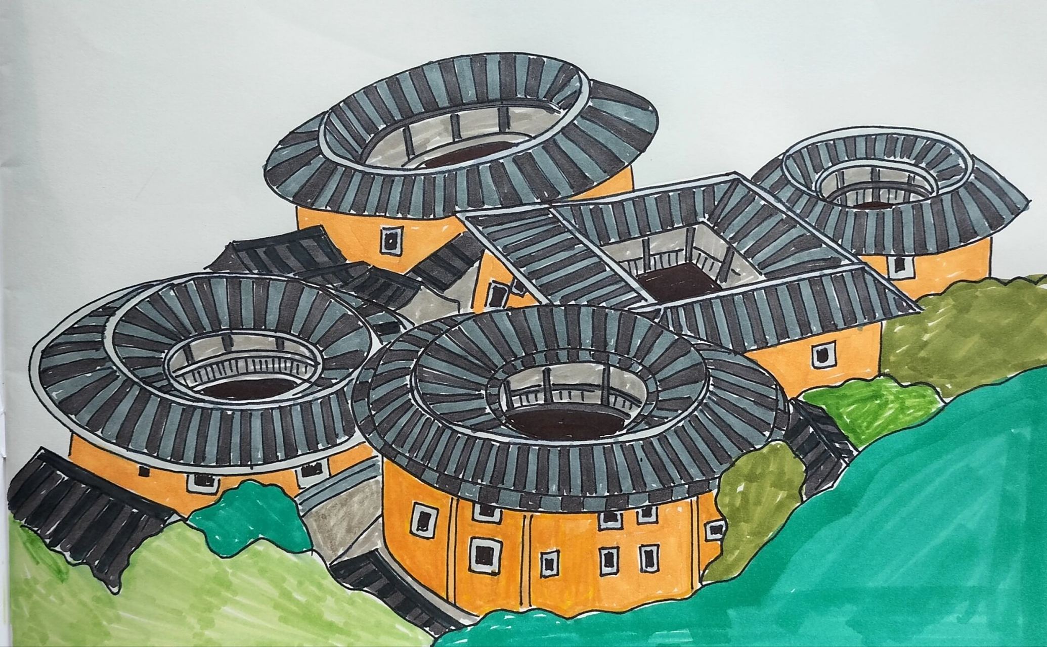 福建土楼线稿绘画 福建土楼画起来