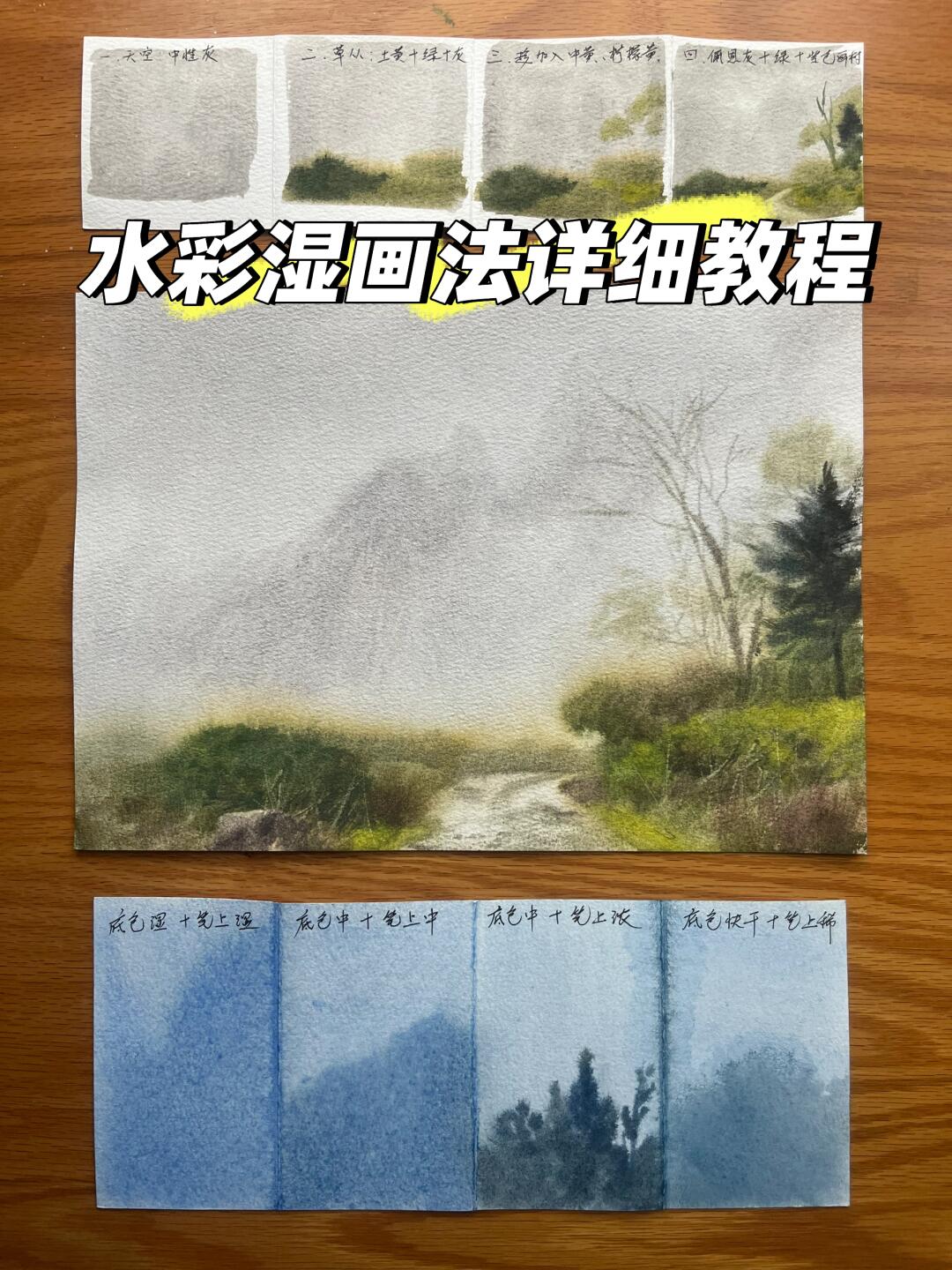 上了第二课:湿画法练习,在课程中,讲解示范了水彩湿画法的一般步骤和