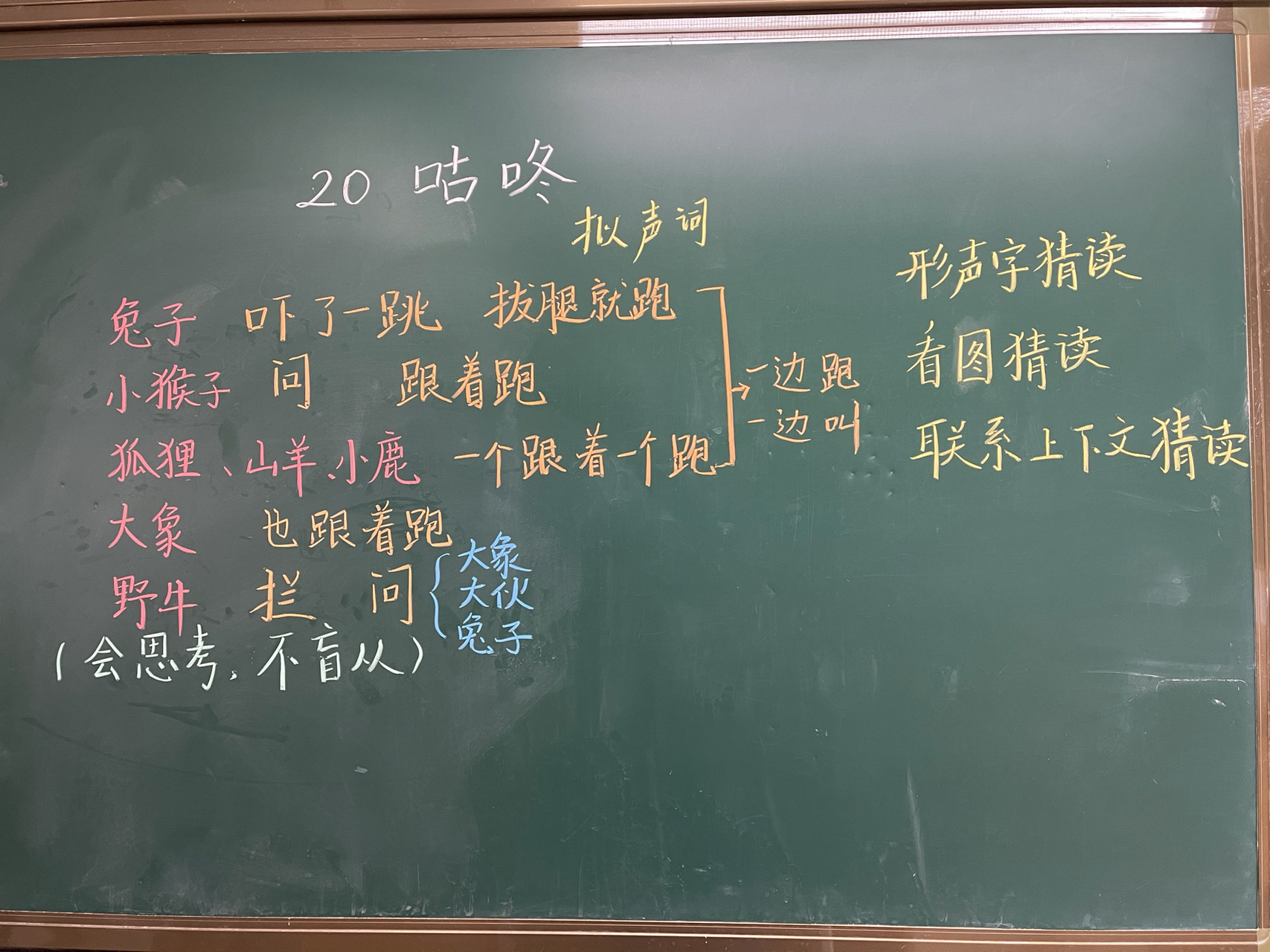 统编版一年级下册第20课《咕咚》板书 小朋友太会了,"一边跑一边叫"演