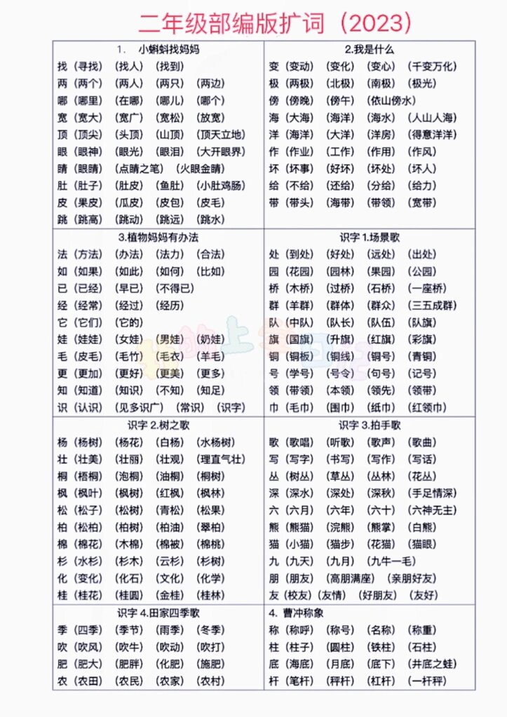 最新版二年级上册部编版扩词