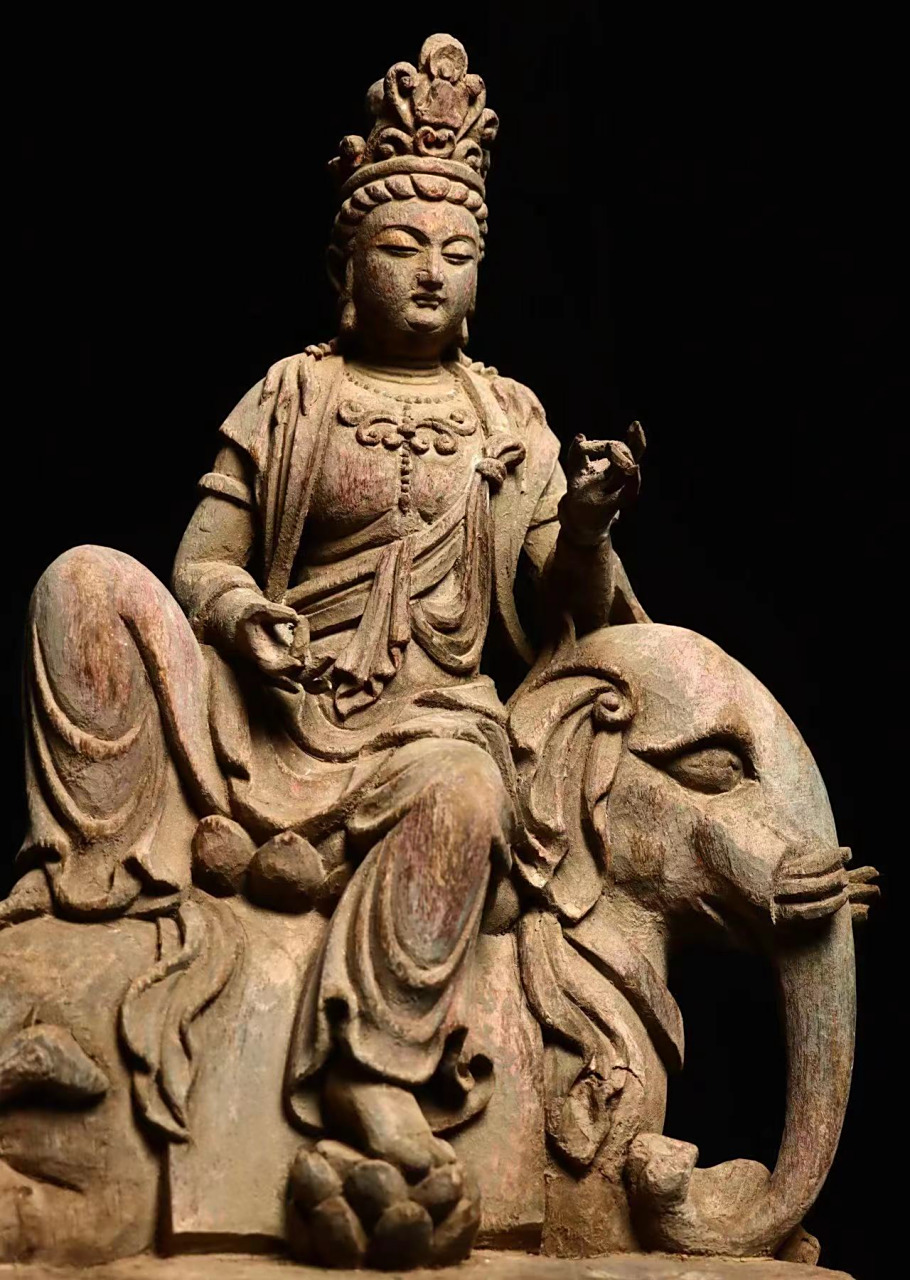 文殊|普贤菩萨造像 木雕 高43  宽32 厚17厘米 尊像一木整雕  雕工