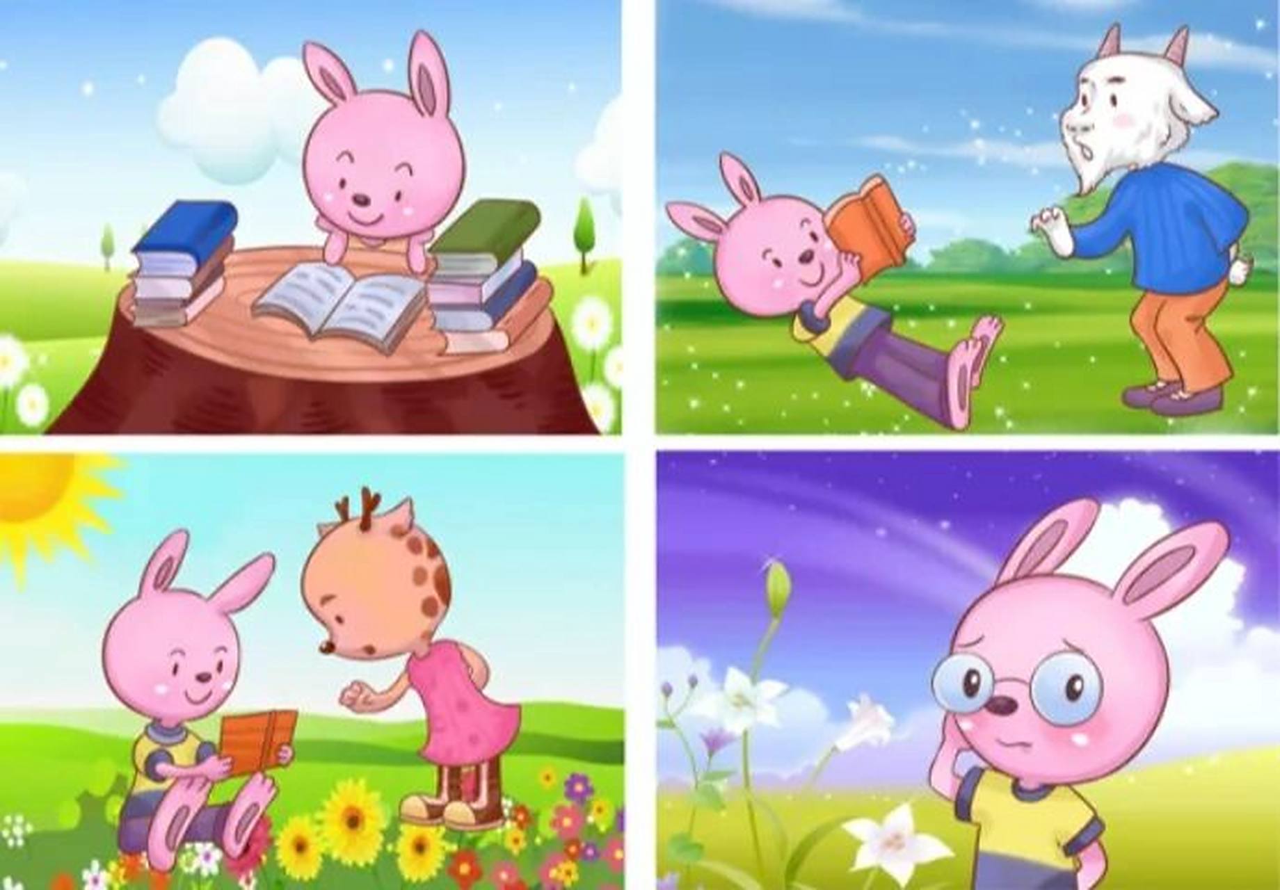 看图写话 小兔近视了 小兔是个小书迷,他常常把树桩当书桌,趴着一看就