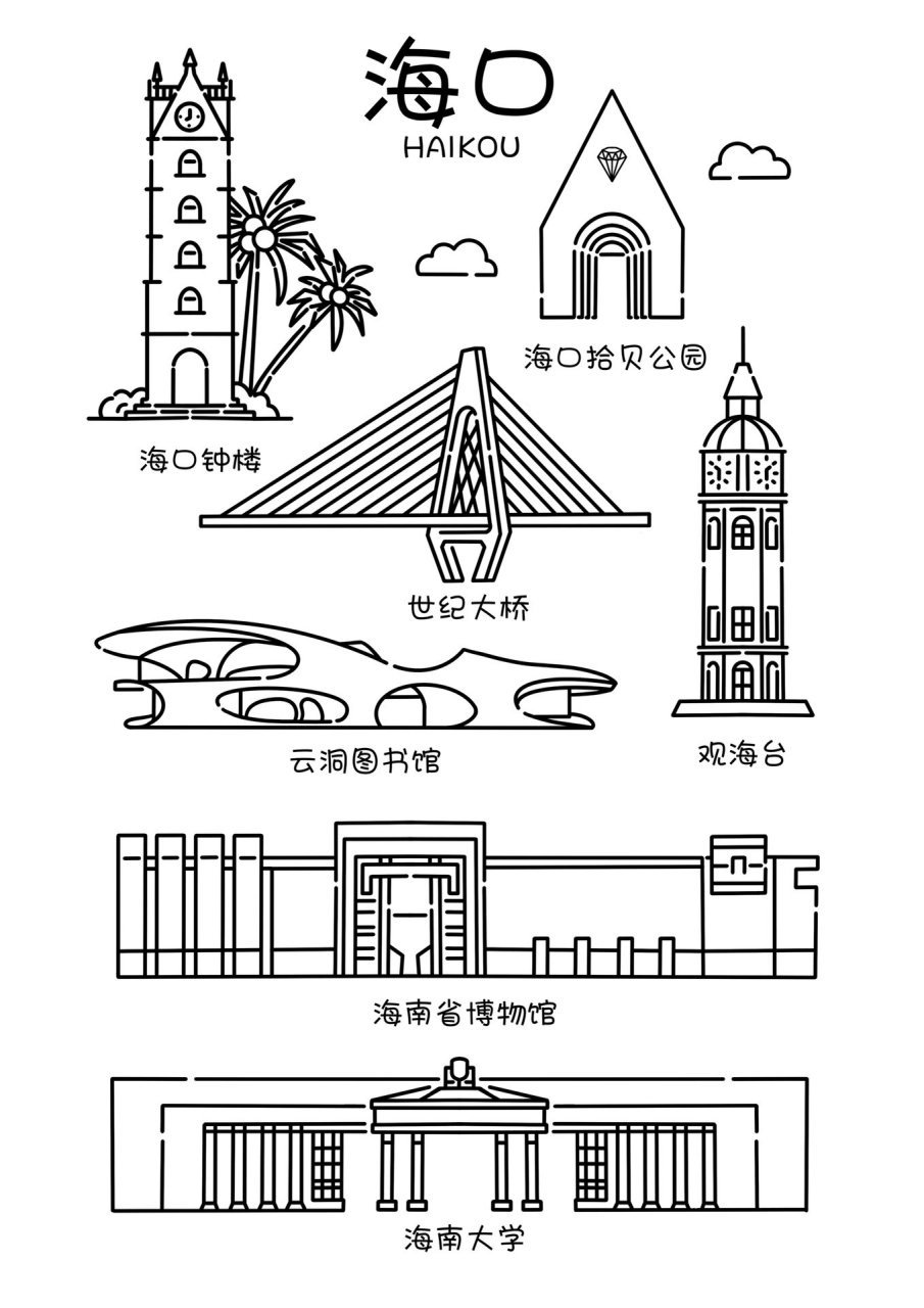 城市地标建筑系列插画/手绘简笔画 08第十五站-海口: 海口钟楼 世纪