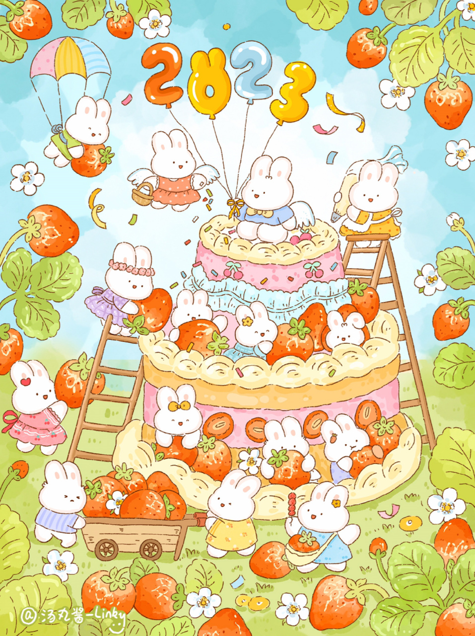 2023兔兔的草莓蛋糕～【附壁纸】原创治愈插画