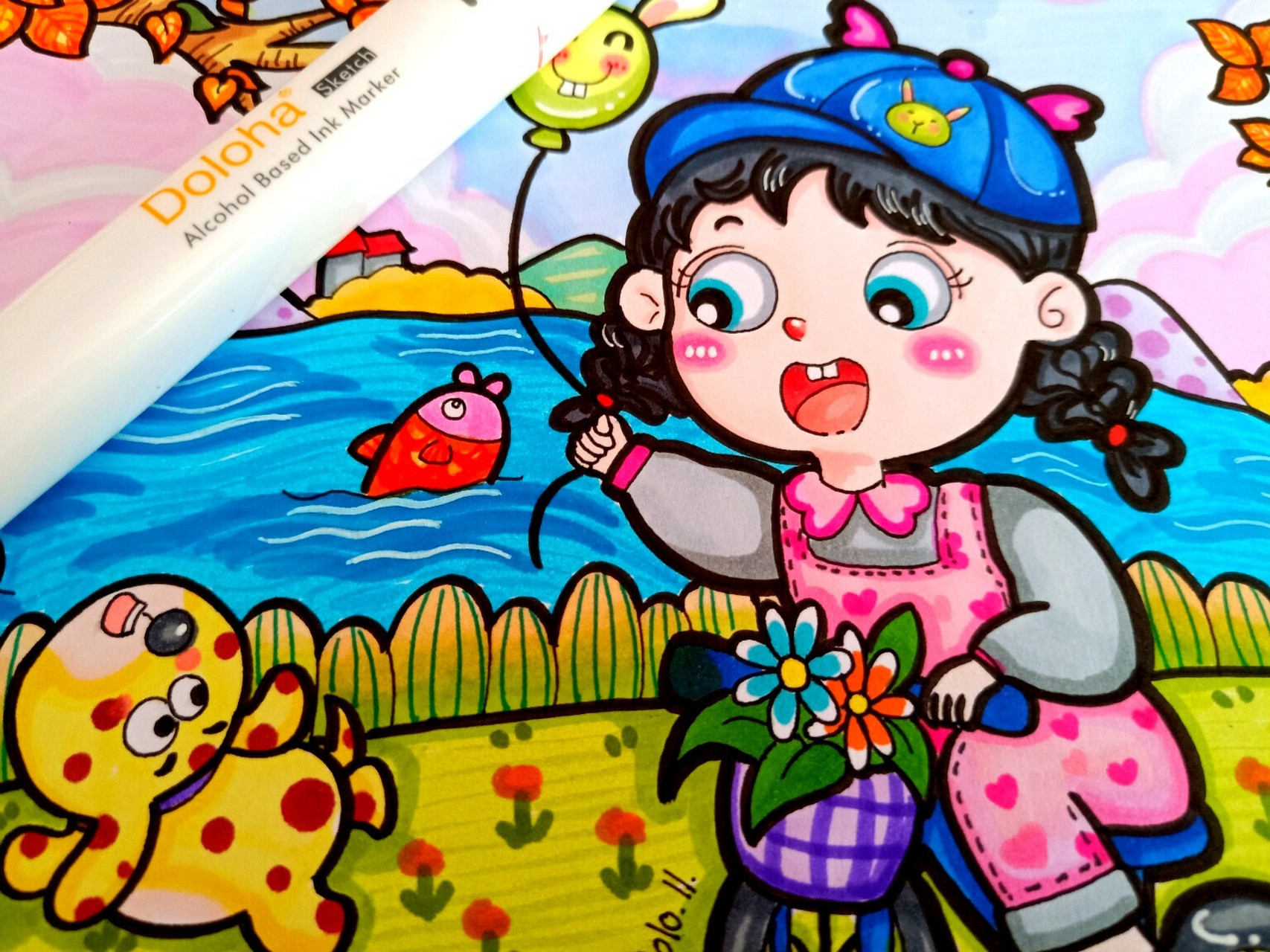 儿童画 马克笔 骑车小女孩 这个画可以适合很多主题.