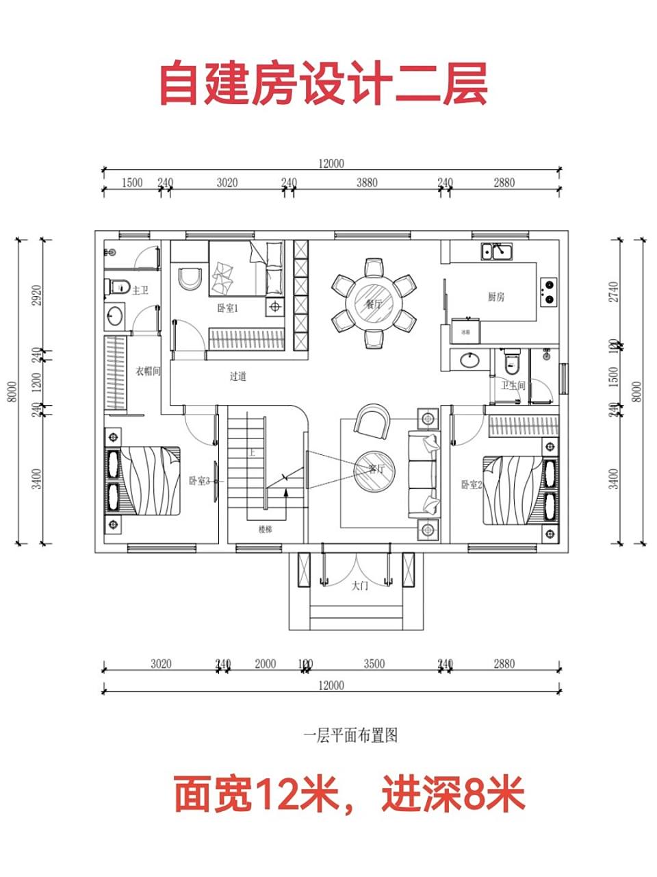 农村自建房户型设计二层,面宽12米进深8米 可接家装自建房户型设计