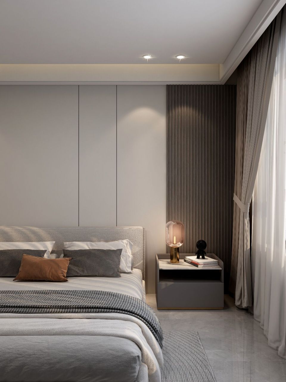 高颜值现代风卧室背景墙 卧室背景墙材料:肤感木饰面 实木格栅 点缀