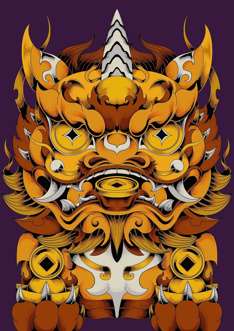 黄金貔貅/貔貅国潮插画绘制 画一个招财的黄金貔貅 下雨天,貔貅和招财