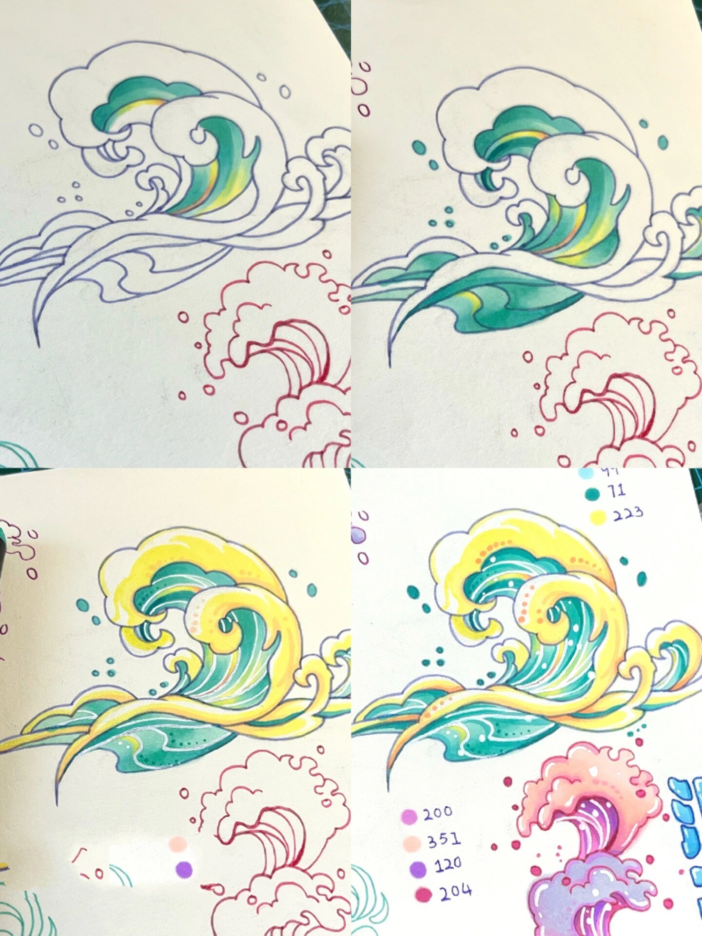 马克笔手绘|浪花98万能元素教程(内含线稿) 万能元素 浪花 91主页