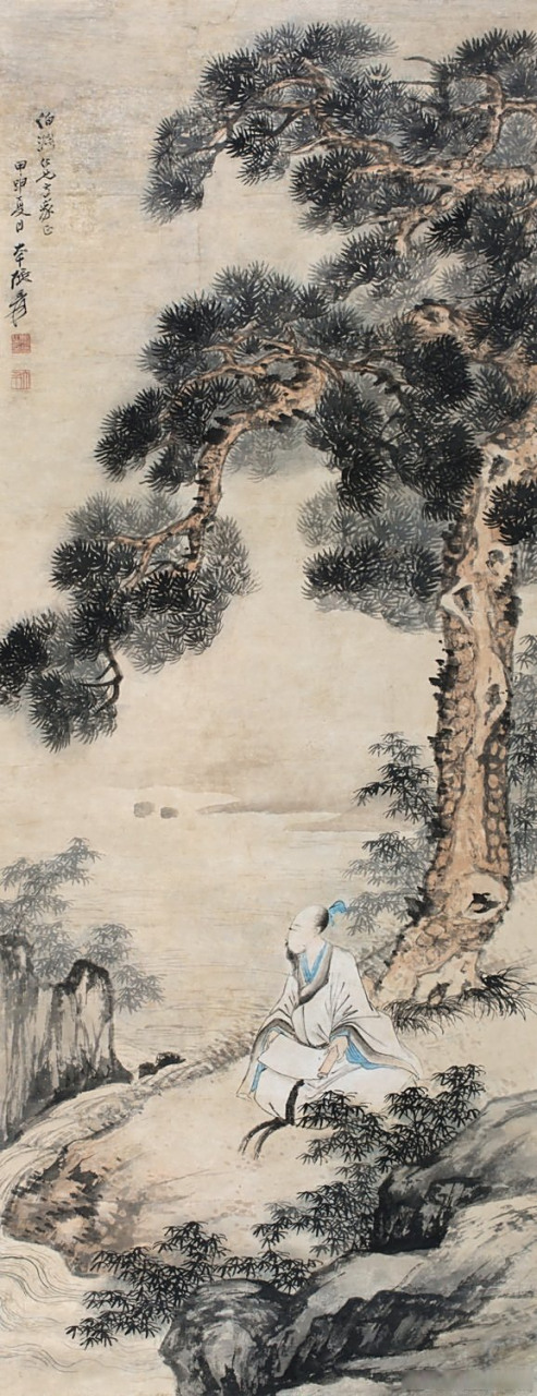 画家张大千笔下的松下高士图