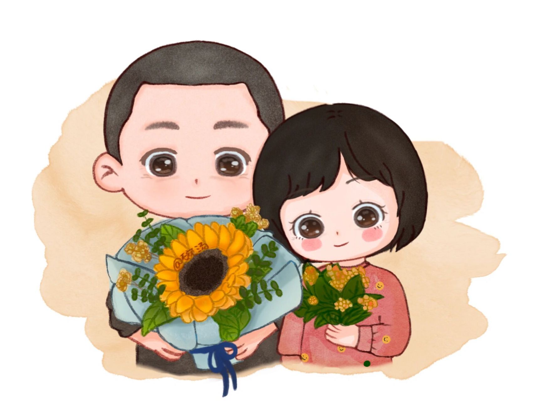 q版手绘|画一张父母合影卡通画 不知不觉父母的脸庞已经有了岁月的