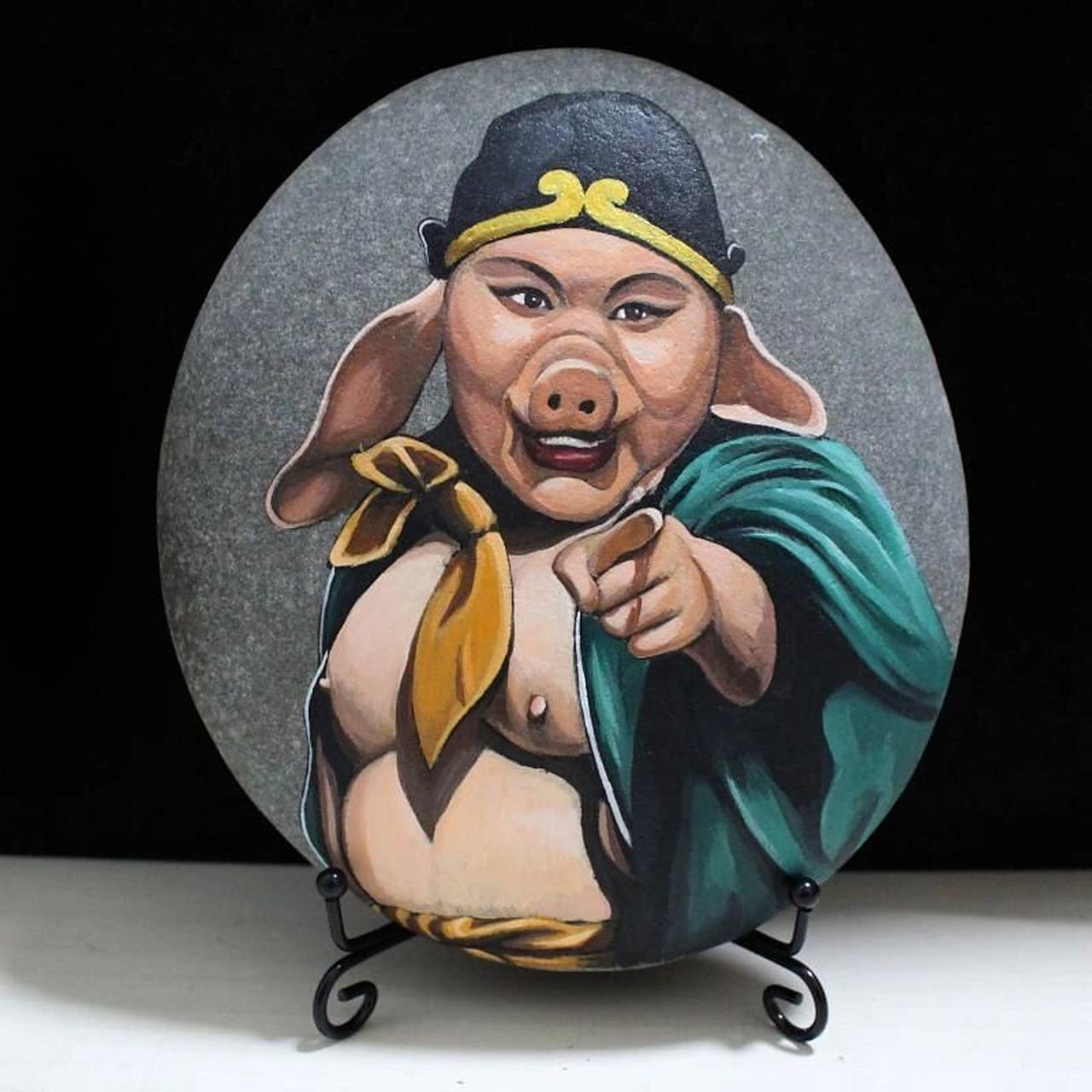 手绘二师兄猪八戒彩绘石头画西游记人物 石头画手绘西游记角色天蓬