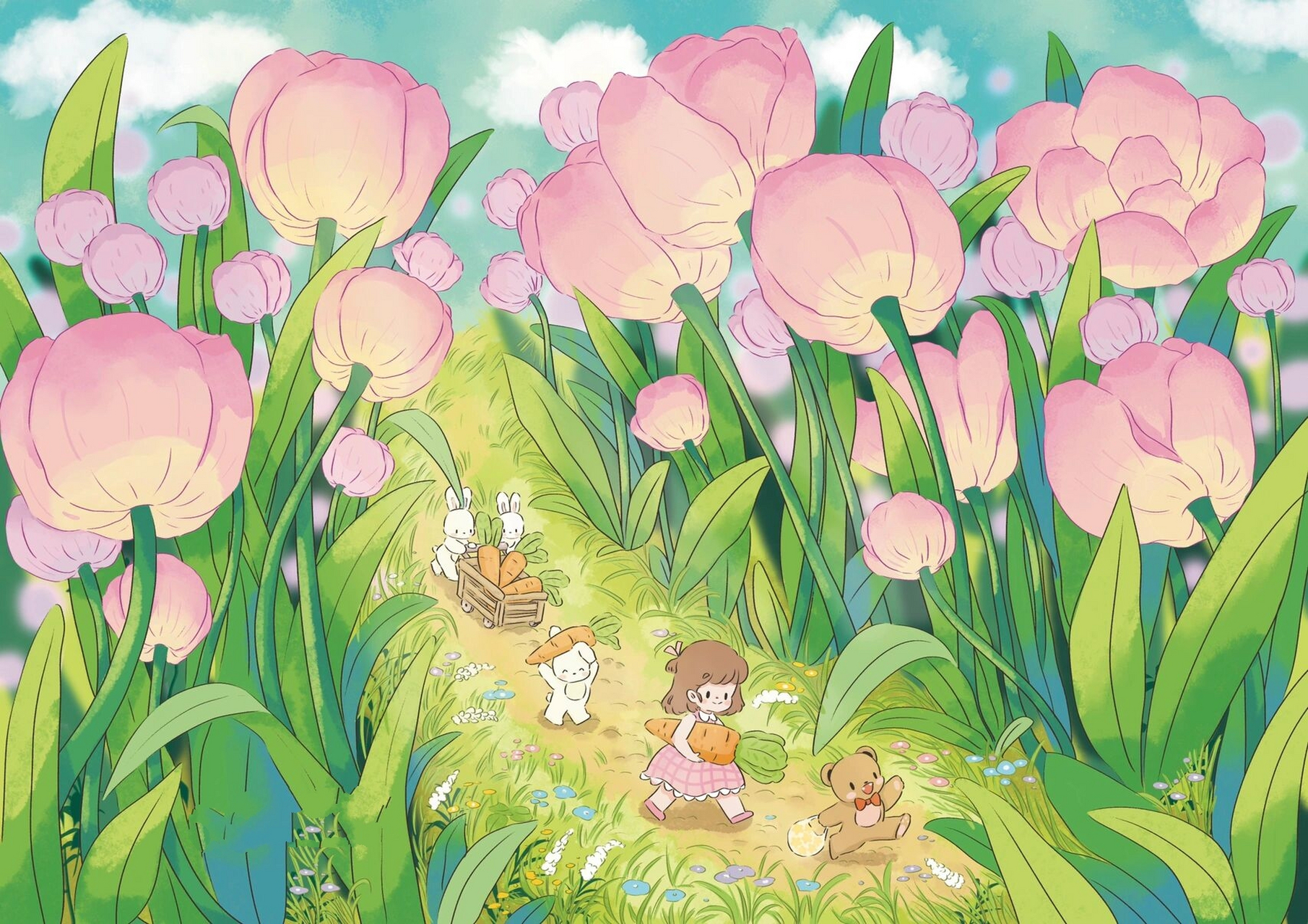 治愈系插画 | 郁金香小路(附线稿) 七月快乐!