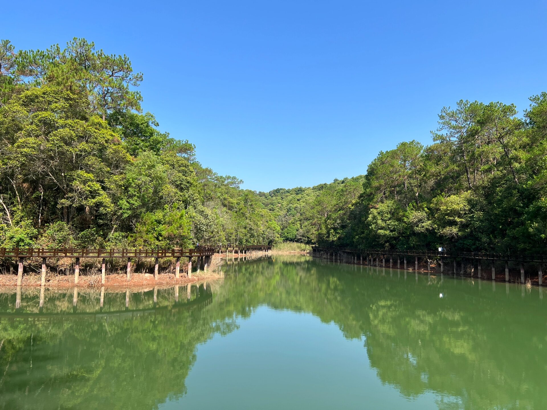 普洱百来不厌的梅子湖公园木栈道
