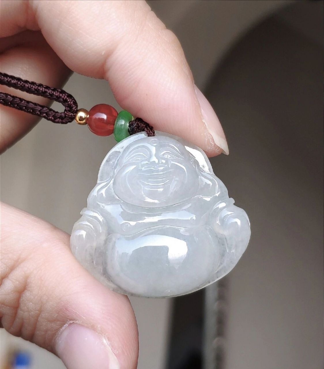 大号糯种起胶翡翠佛公吊坠项链  玉佩毛衣链  颜色白冰偏淡绿,完美无