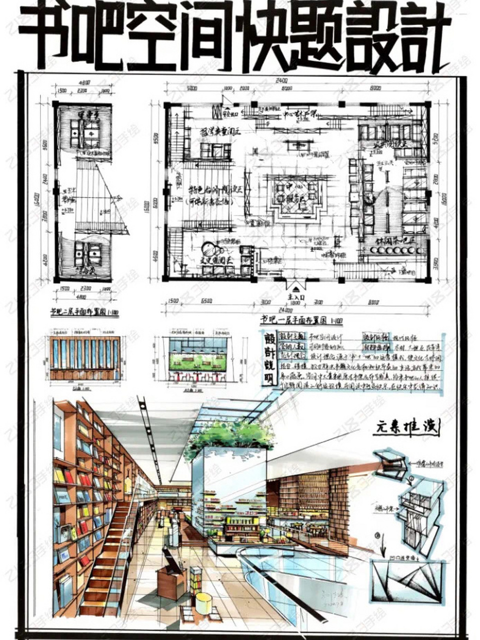 室内考研快题手绘|书吧空间 73书吧是为人们提供阅读,休憩,洽谈的