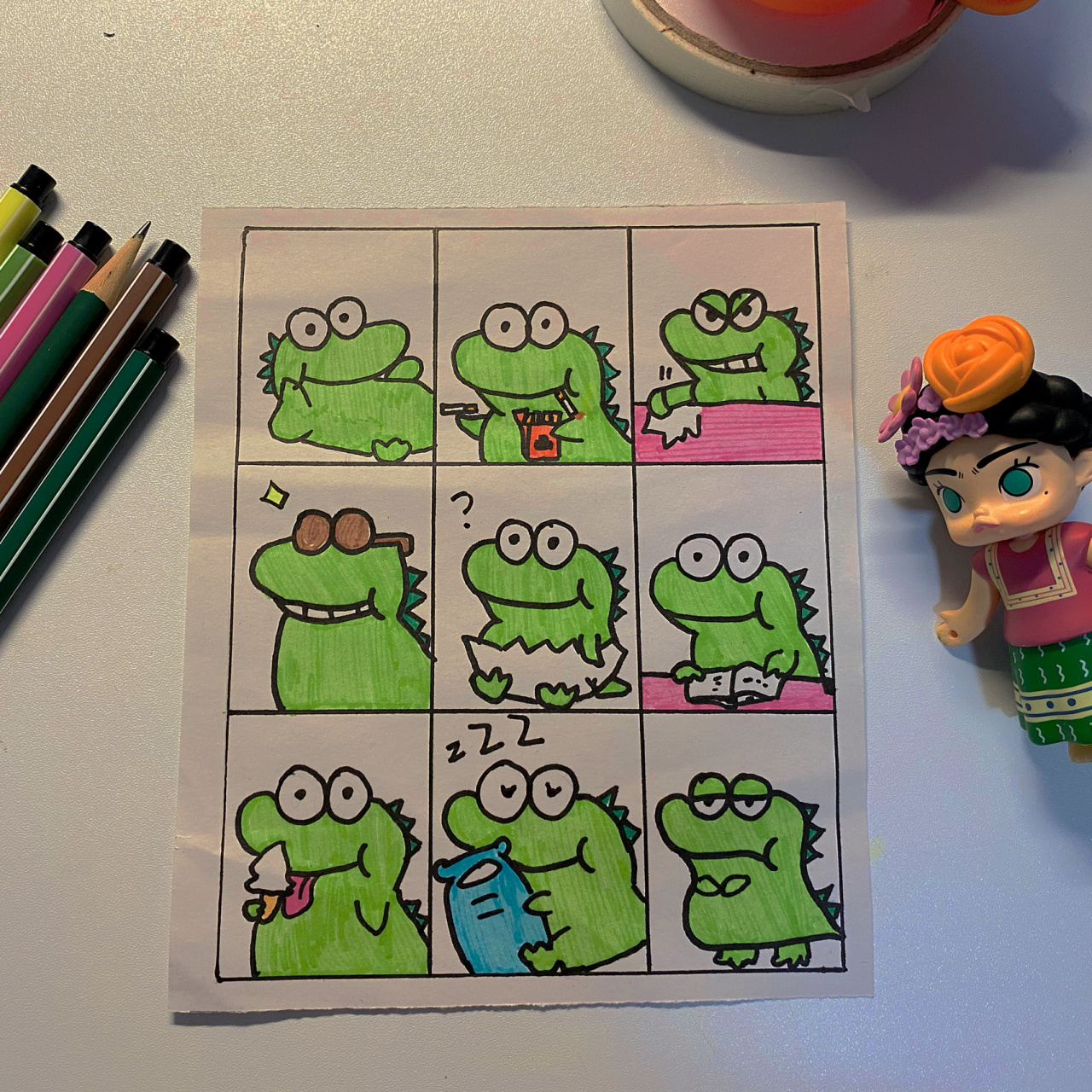 简笔画素材/可爱小鳄鱼九宫格/内附步骤 一直很喜欢小鳄鱼的表情包,太