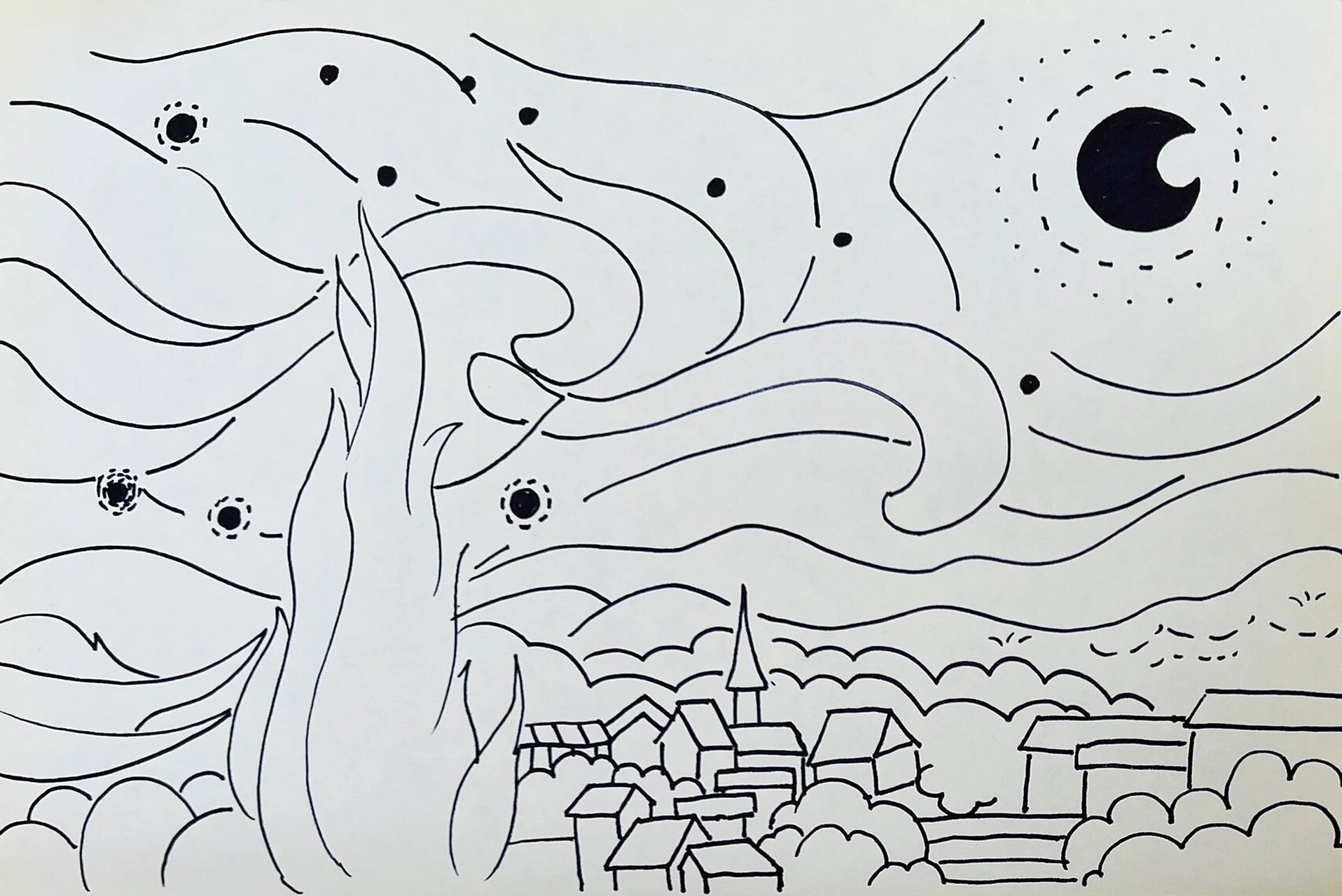 梵高星空黑白线描画 画画人眼中的白月光yysd的梵高 线描画星空91画
