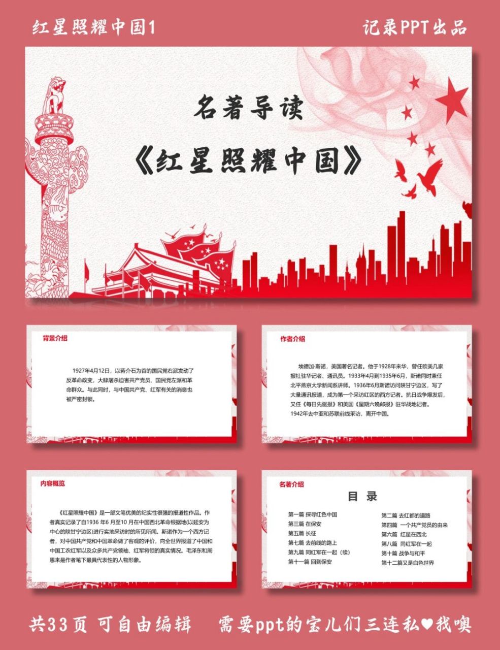 红星照耀中国 名著 红星照耀中国 ppt模板 目录包括 ①背景介绍 ②