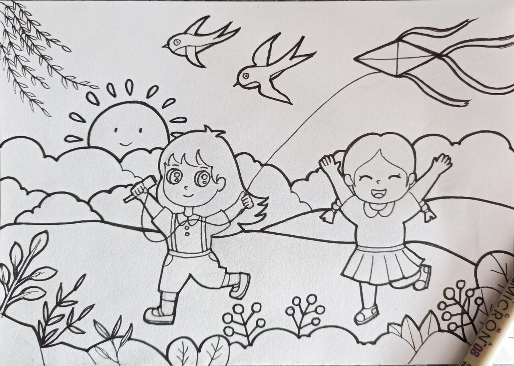 春天主题儿童画,春天来了天气暖了,放风筝的人也多了,今天带上了铅笔