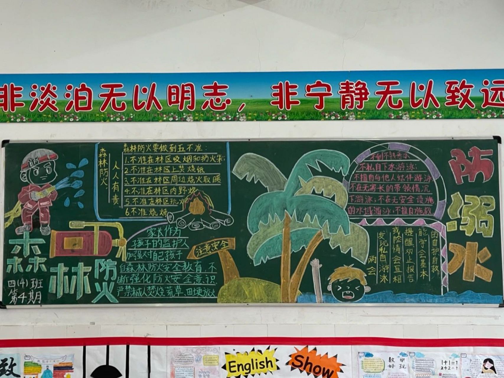 "森林防火""预防溺水"黑板报 站在讲台,喜欢看到班级后黑板的黑板报