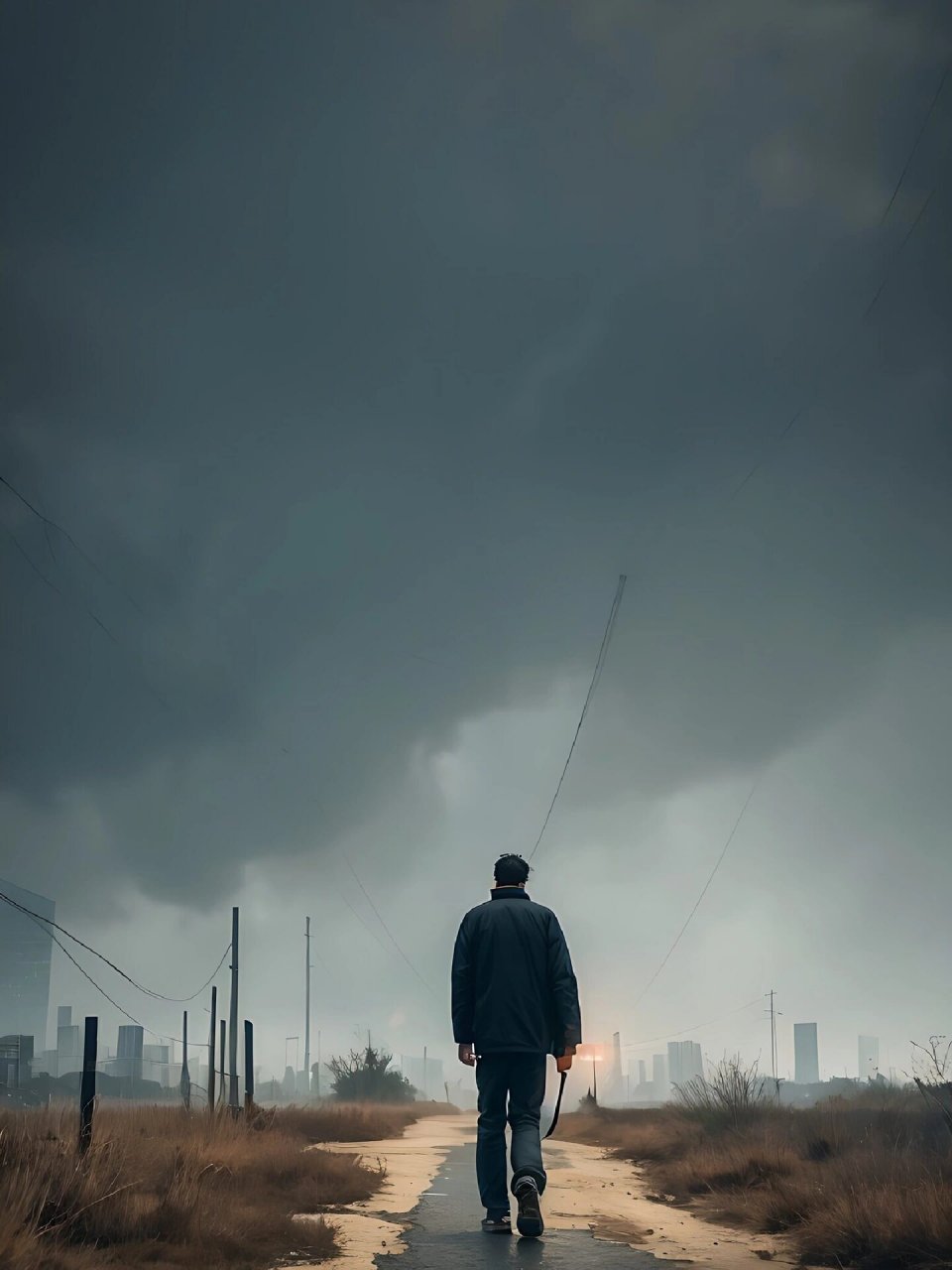 孤独 一个孤独的男人, 背影是那么的凄凉, 雷雨交加的夜晚, 走在城市