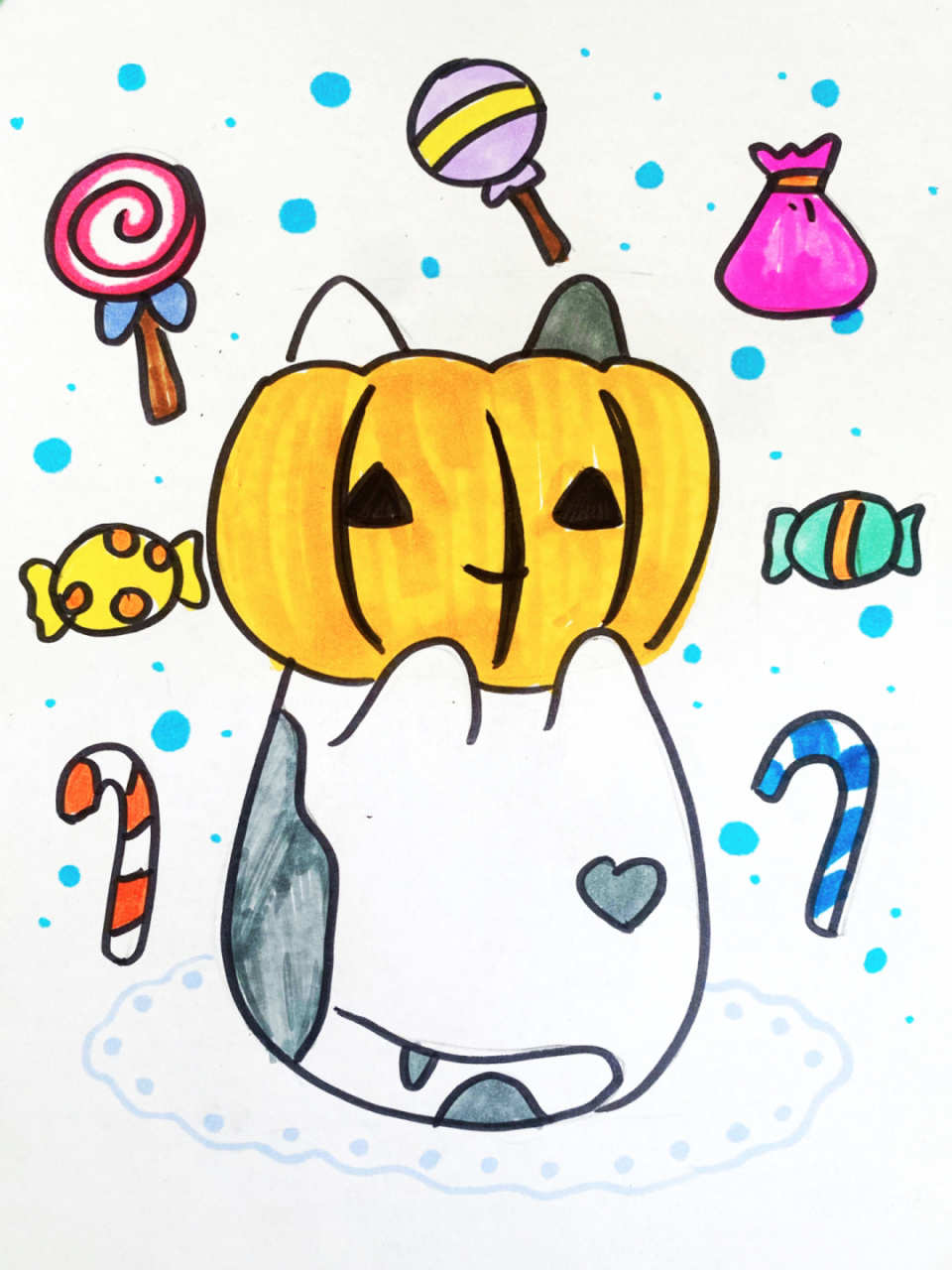 糖果 猫咪 上课工具:铅笔 橡皮 绘画纸 勾线笔 马克笔 #万圣节主题画