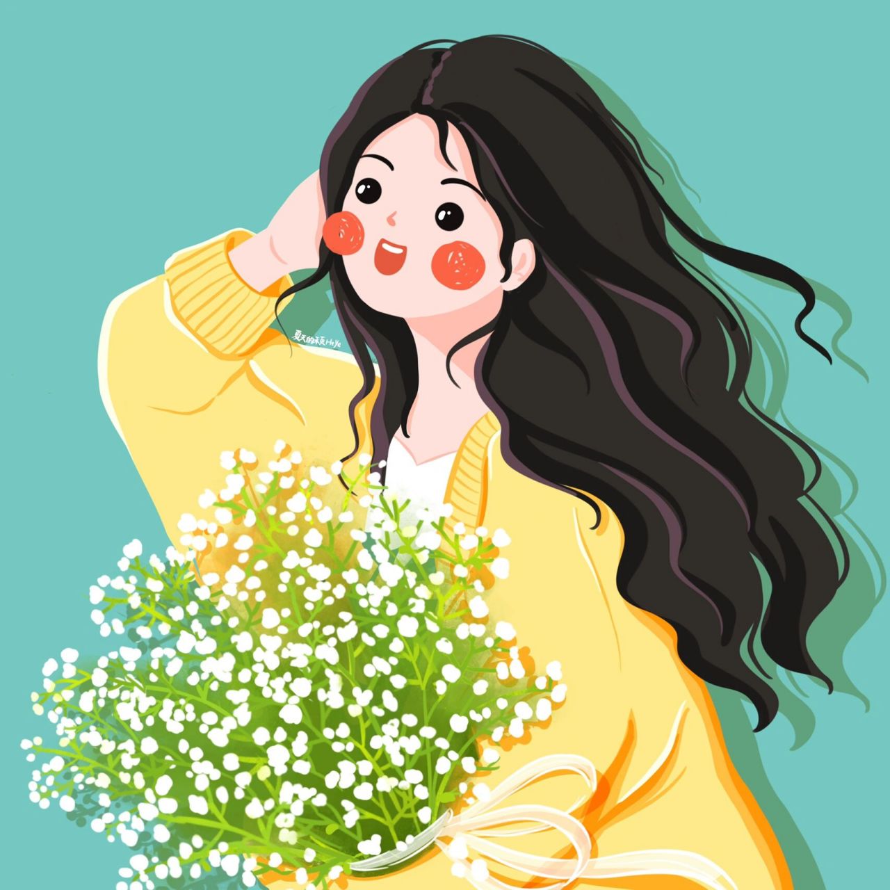 插画头像 | 手捧满天星花的可爱女生 有花花头饰版本,和无花花头饰