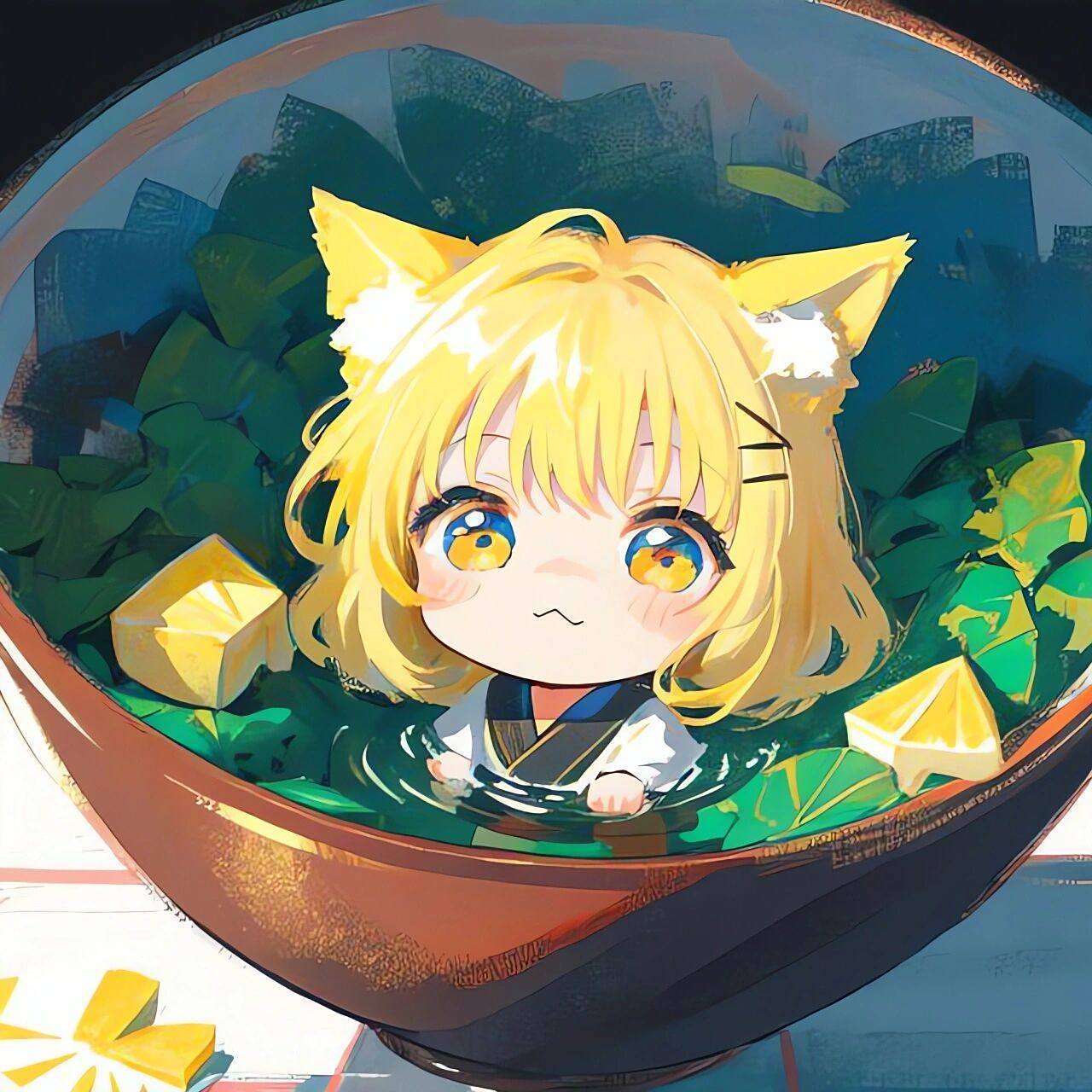 在碗里的q版可爱猫耳女孩头像06|粉彩画 78可自行拿图自用 78