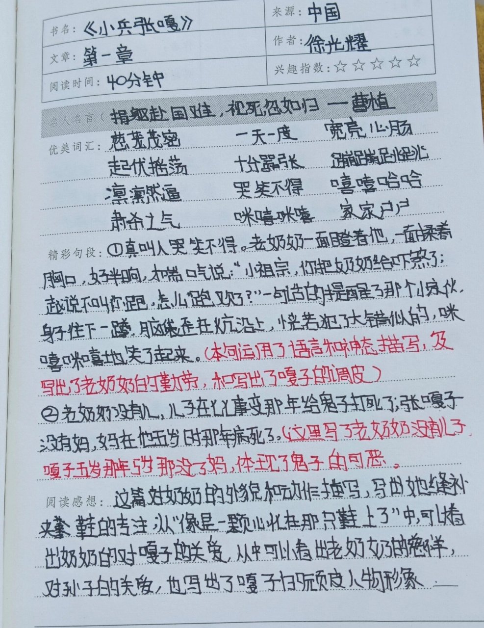 《小兵张嘎》读书笔记 字迹不好看勿喷