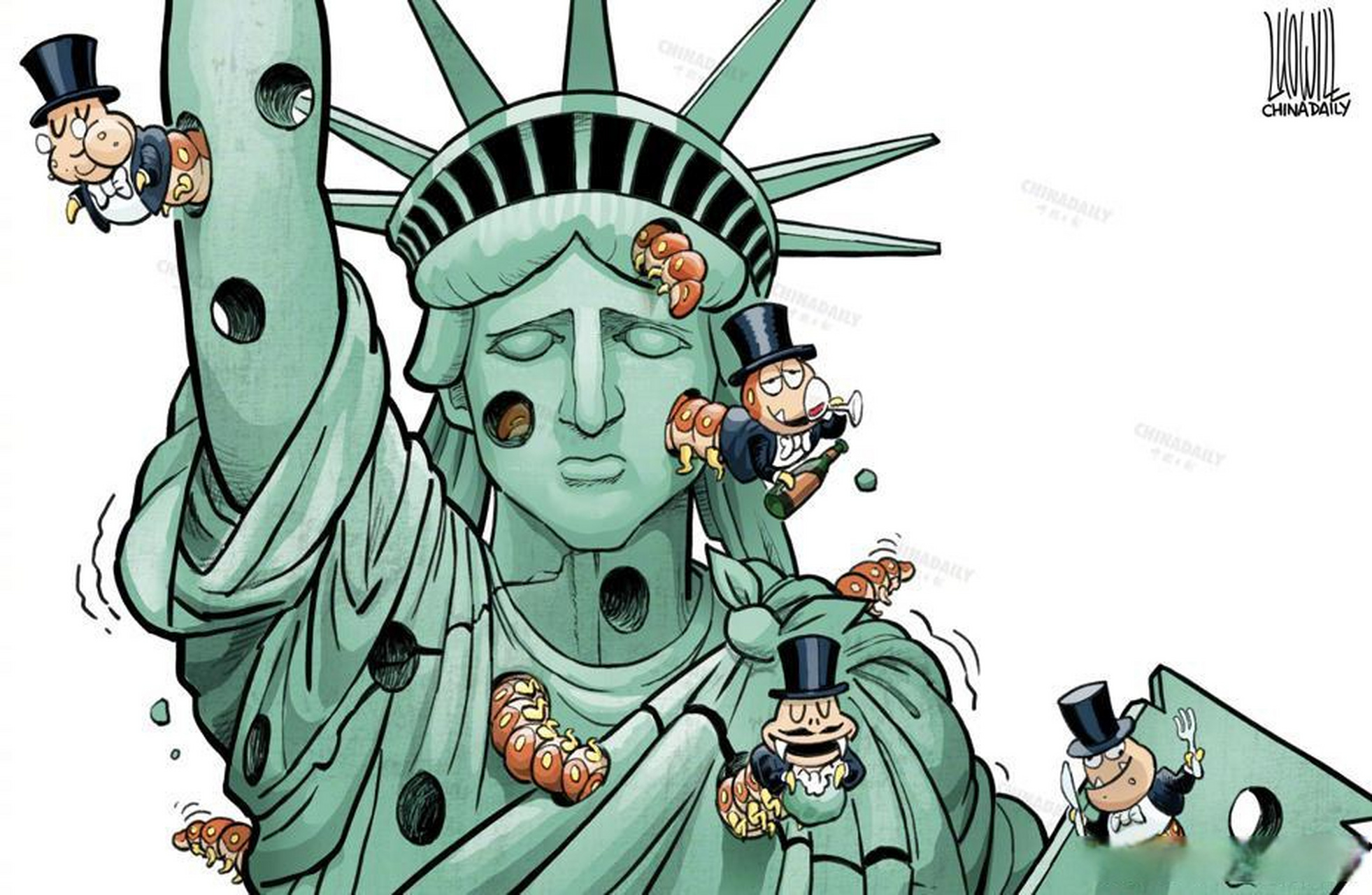 中国日报漫画# 【千疮百孔】美国自由民主早已被利益集团蛀蚀的千疮