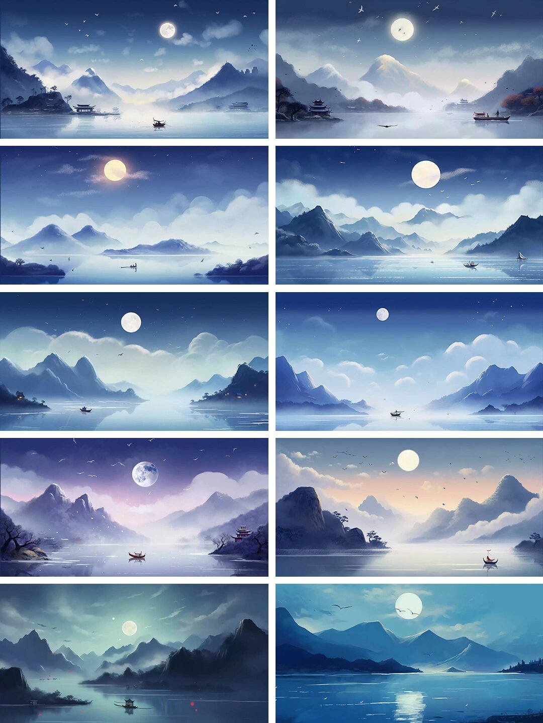 水墨山水唯美满月插画壁纸月亮唯美夜晚蓝色山水风景 唯美古风山水