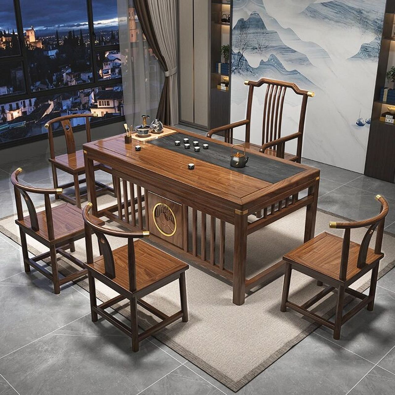 实木茶桌椅组合新中式茶桌厂家办公家用一体 实木茶桌椅组合新中式