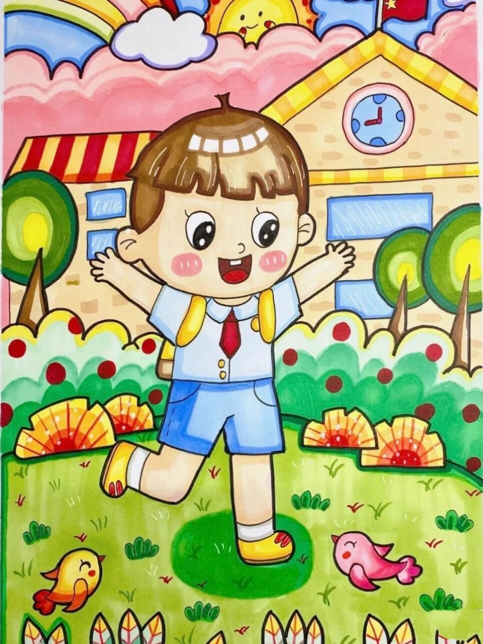 78儿童画 | 《去上学》 原创9799   今天画画太急了 急着要去