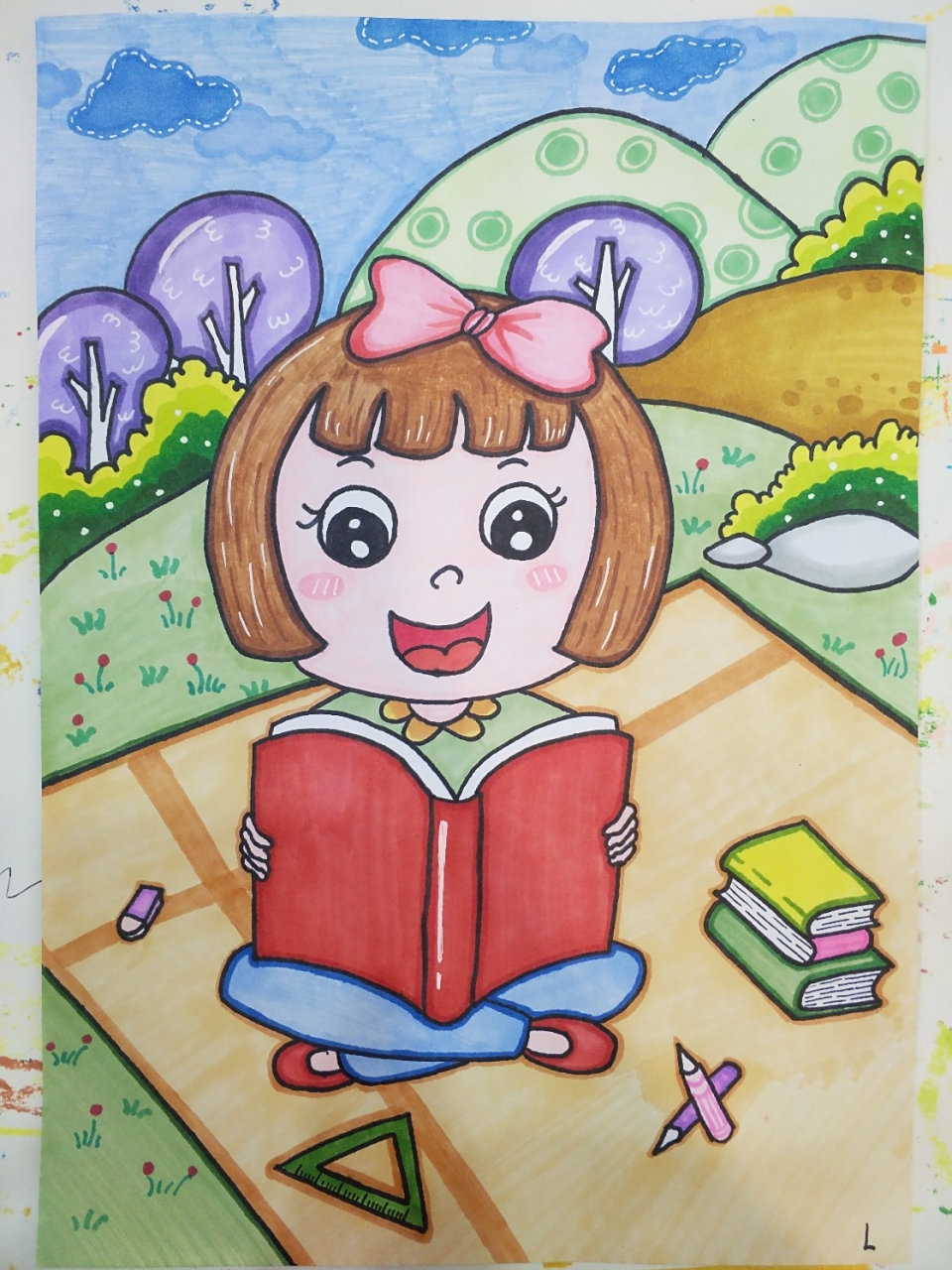 新学期开学了认真学习简笔画看书儿童画马克 临摹