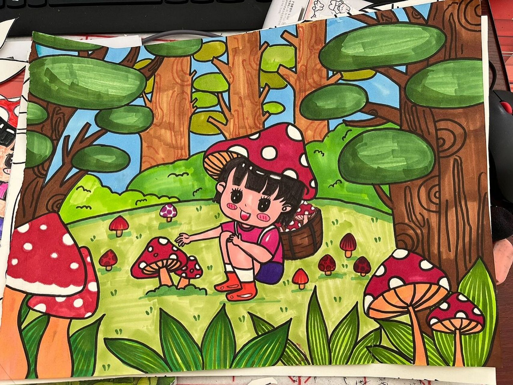 二年级美术 儿歌变画 范画画了 采蘑菇的小姑娘 主体物,前景,背景都是