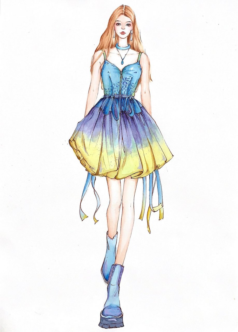 连衣裙时装画效果图 附步骤图 线稿 第一次的时候画的不堪入目,第二次