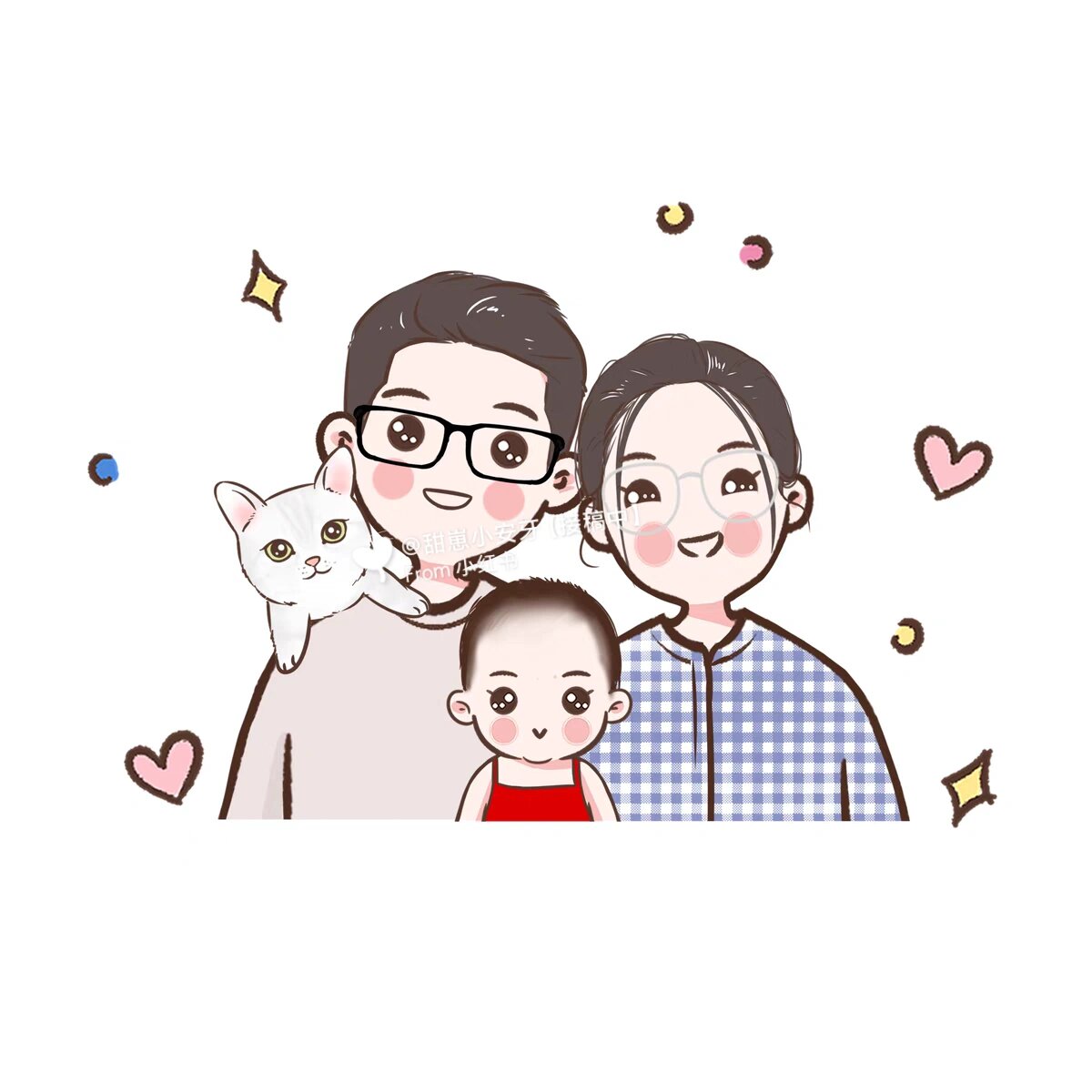 亲子卡通q版头像,全家福四口三口手绘头像