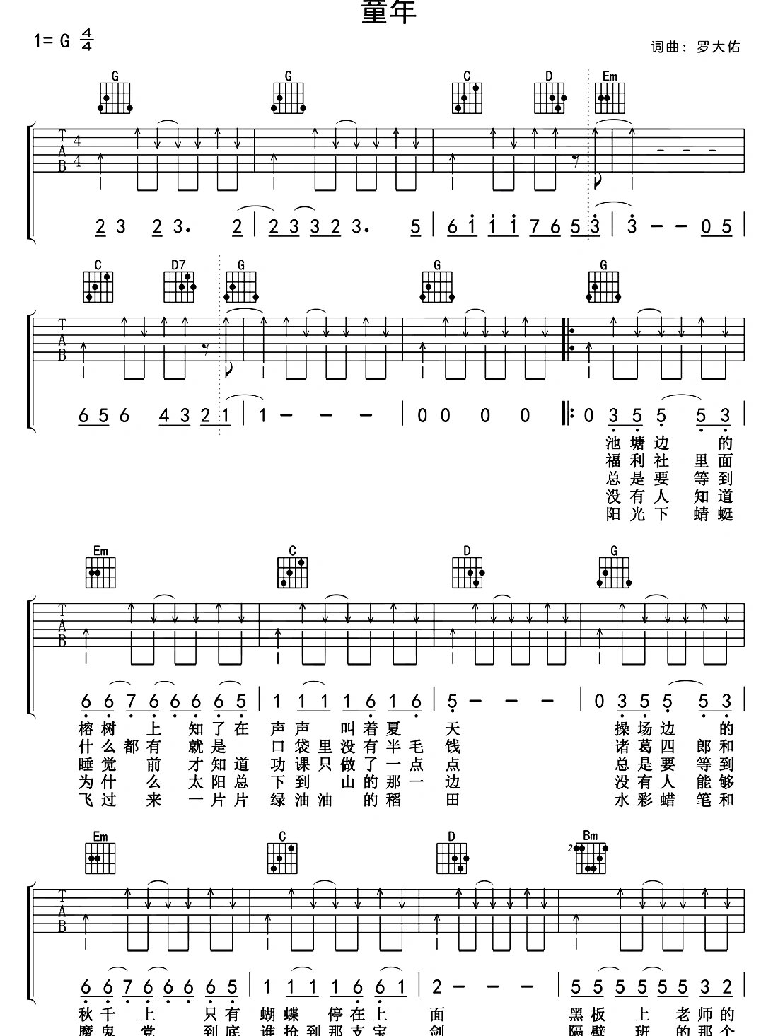 今日吉他曲谱分享《童年》 小时候常常唱的
