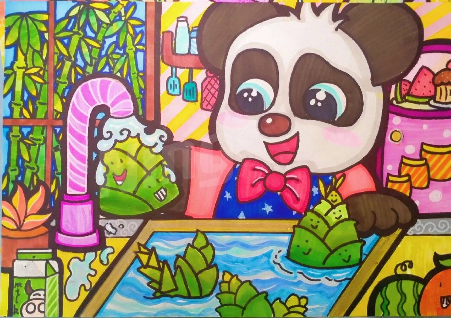 动物简笔画儿童画 游泳的大白鹅and宝宝巴士小熊猫94来喽