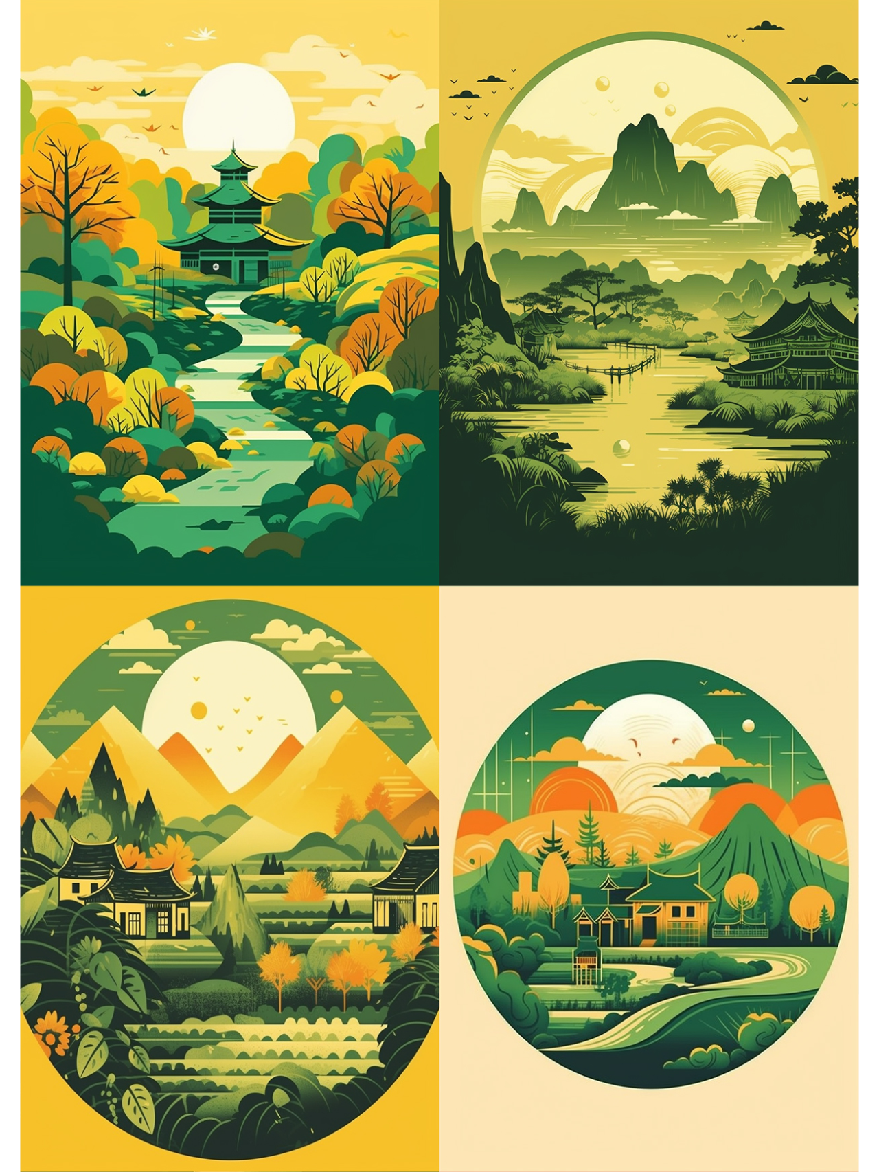 春夏秋冬一年四季城市插画系列合集② 中国城市建筑风景扁平插画合集