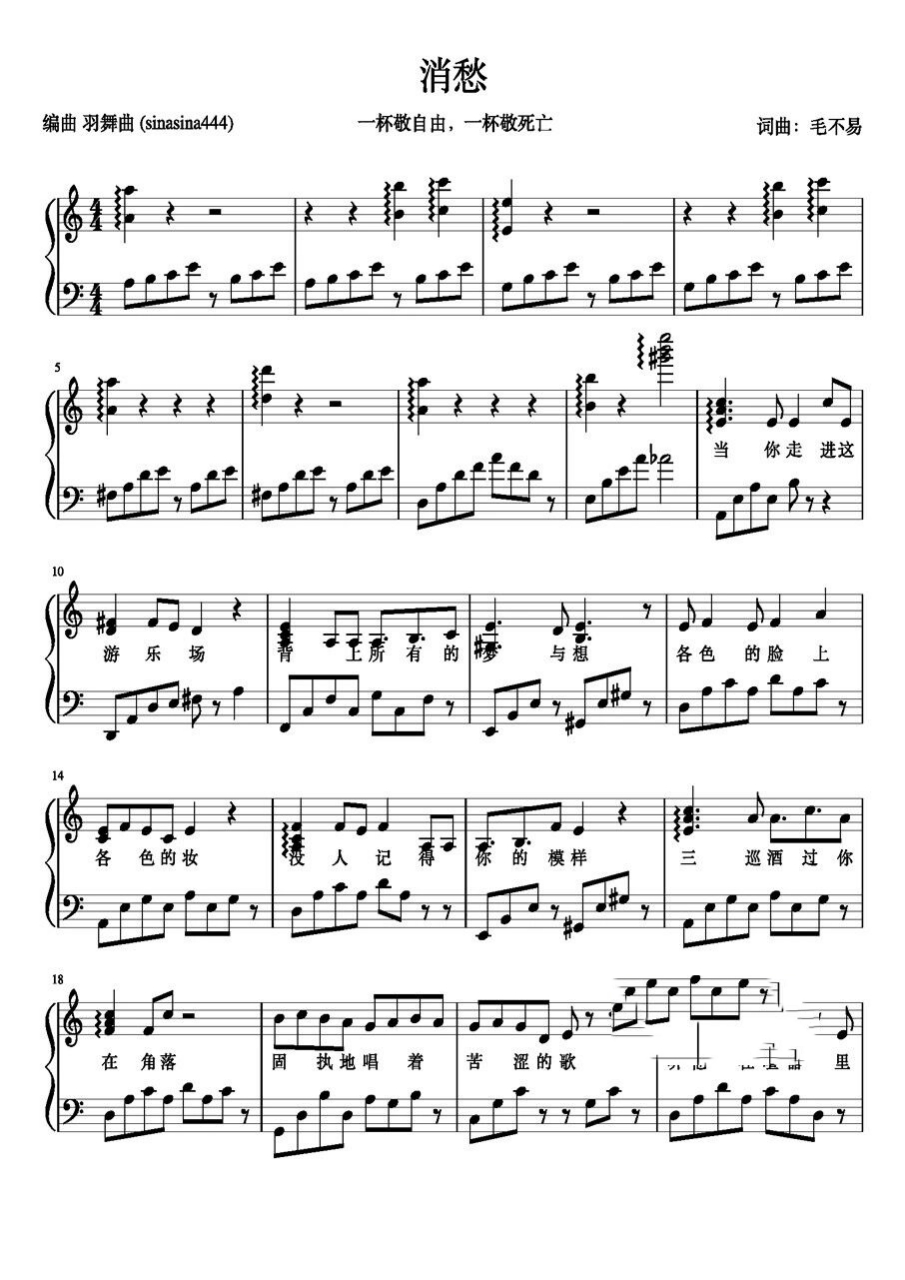 《消愁》毛不易 带歌词钢琴谱 c调