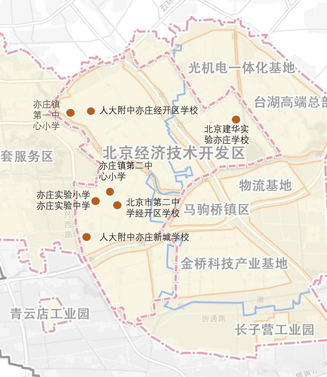 我把其中提到学校的大概位置标到地图上看了一下,供参考.