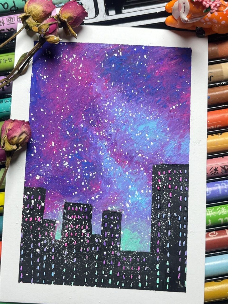 油画棒风景画星空教学 #画画的日常# 非常好看和浪漫的一幅画,你想和