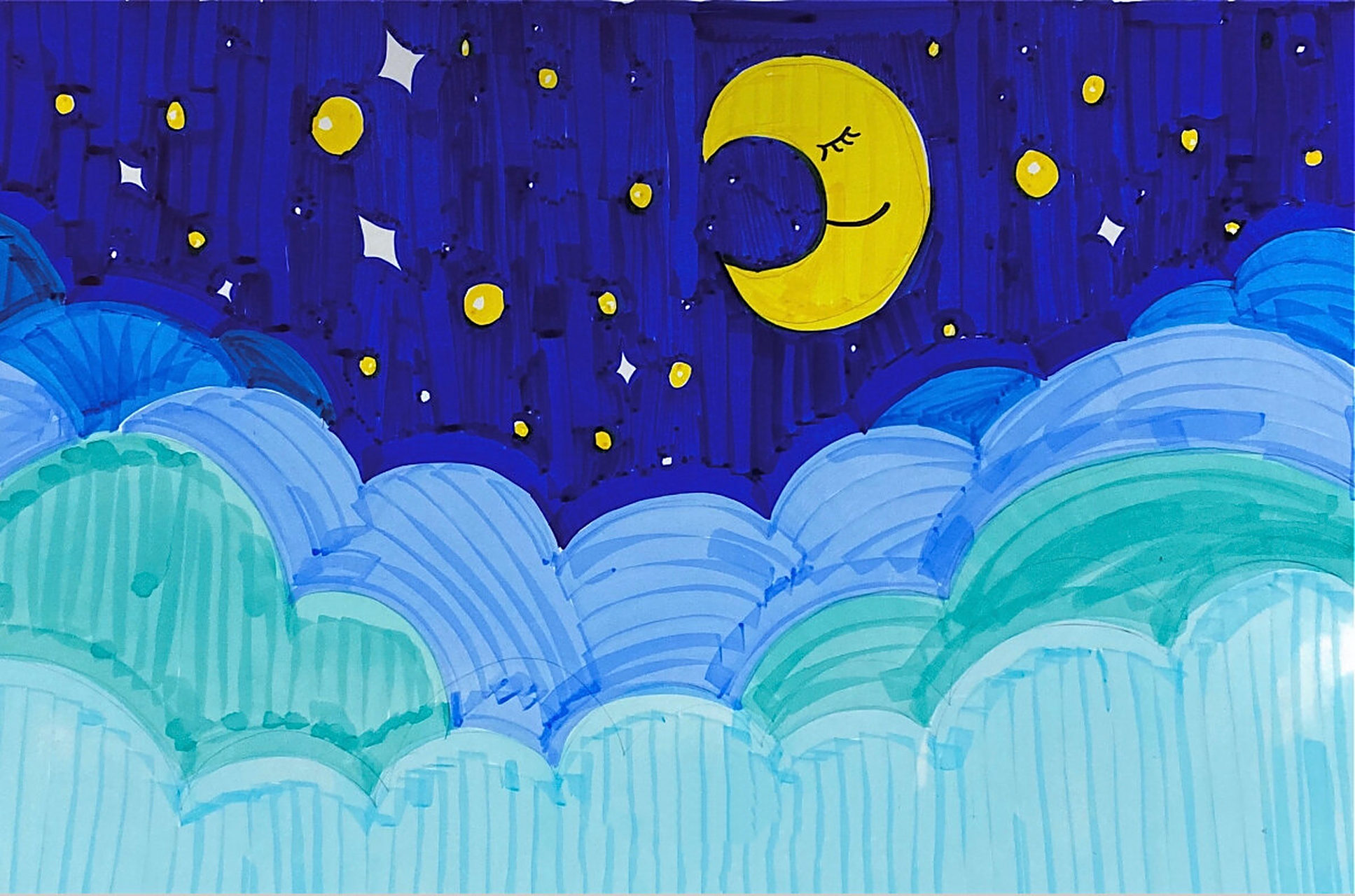 (95/100)星空|星星|月亮|简笔画|马克笔 主题:繁星 儿童画|简笔画