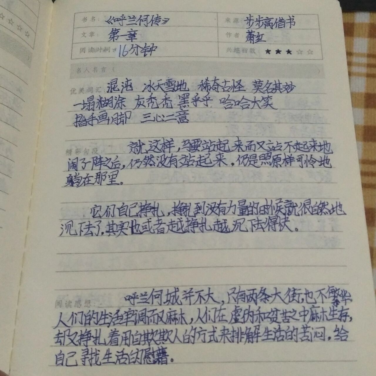 《呼兰河传》读书笔记 98读书笔记:《呼兰河传》 作者:萧红 98