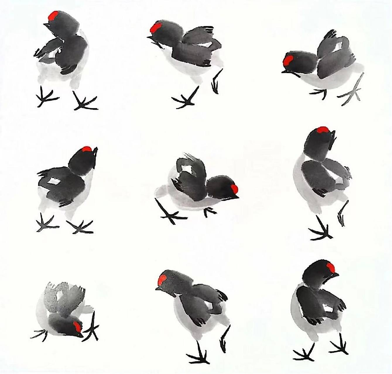 国画《小鸡》画法 小鸡的画法: 1.一笔点出头部.